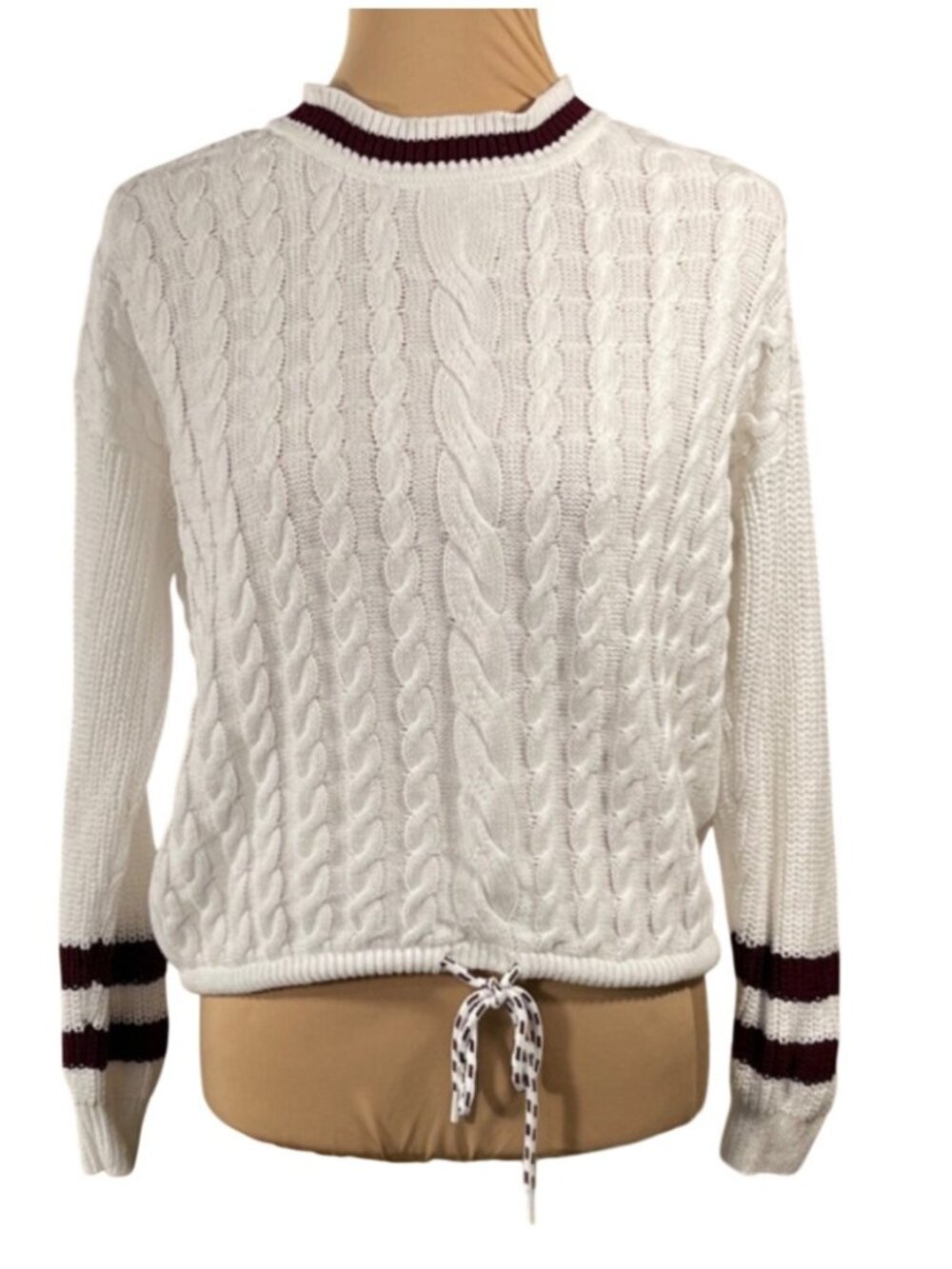Lou & Grey Sweater Varsity Stripe White Maroon Size XS Cotton Cable Knit